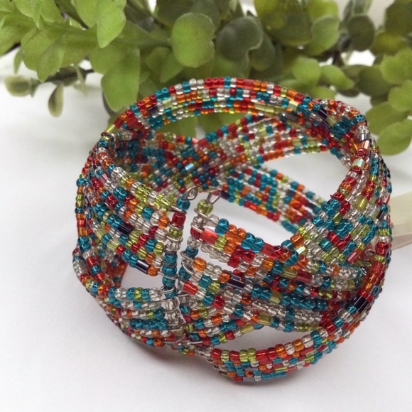 Handmade Jewelry - Handmade Twisted Flexible Seed Bead Braided Cuff Bracelet – Multicolor – NWT